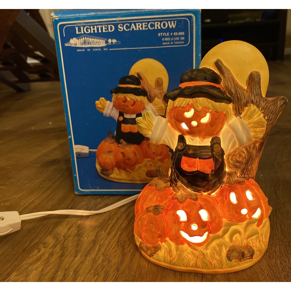 Vintage Lighted Halloween Scarecrow Pumpkin Ceramic Decoration 7" Working W‎ Box